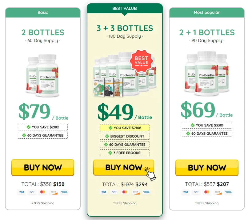 ProDentim 1 bottle 3 bottle and 6 bottle pricing packages